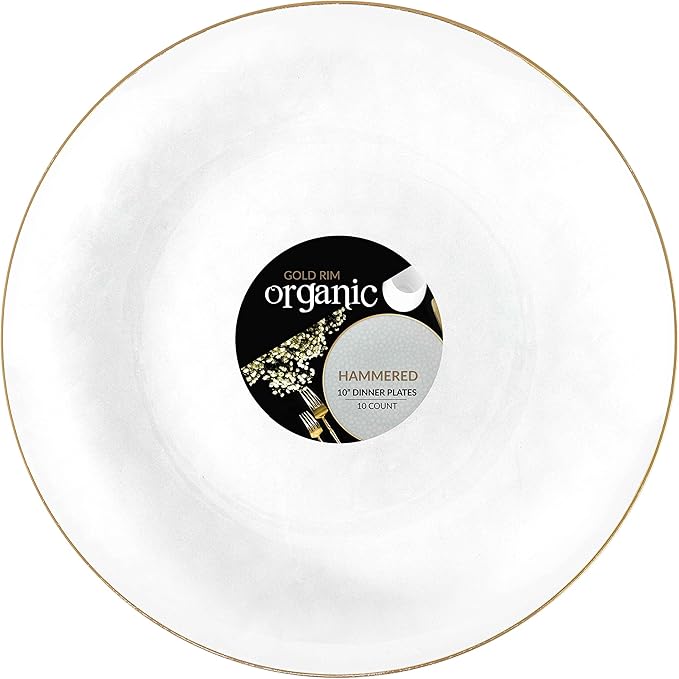 PLASTICPRO 30 Pack Hammered Plastic Plates Heavyweight Disposable Plastic Plates Elegant Transparent White With Gold Rim Platsic Party Dishes (Transparent White With Gold Rim, 10'' INCH PLATES)