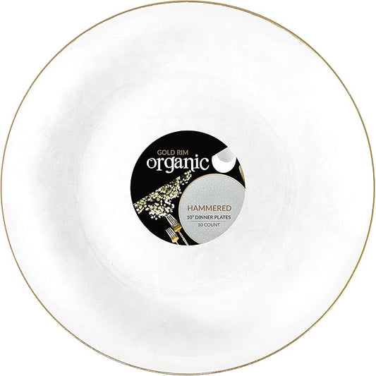 PLASTICPRO 30 Pack Hammered Plastic Plates Heavyweight Disposable Plastic Plates Elegant Transparent White With Gold Rim Platsic Party Dishes (Transparent White With Gold Rim, 10'' INCH PLATES)