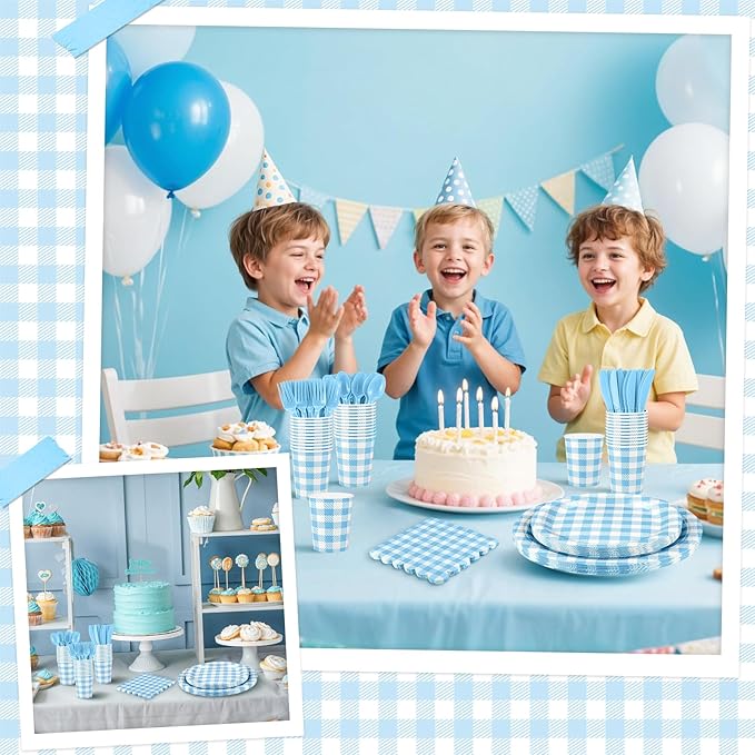 NatNarr 175 Pcs Gingham Paper Plates, Boy Baby Shower Decorations Include Blue Gingham Plates and Napkins Cups Disposable Blue Dinnerware for Picnic, Wedding, Birthday