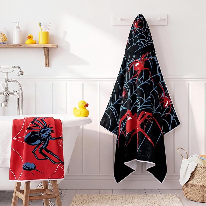 Fanfanwin 2 Pack Spider Web Bath Towel Beach Hooded Bath Towel 37.8x23.62 Inches Spider Them Poncho with Snap Buttons Hood Soft Microfiber Rapid Dry for Beach, Pool, Swim, Travel, Home Use