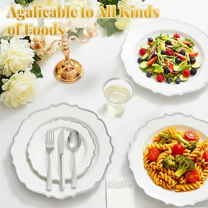 175 Plastic Dinnerware Set Silver Disposable Dinnerware Set for 25 Guests Include 50 Plastic Plates,25 Silverware Set 25 Cups and 25 Napkins for Party Wedding Thanksgiving