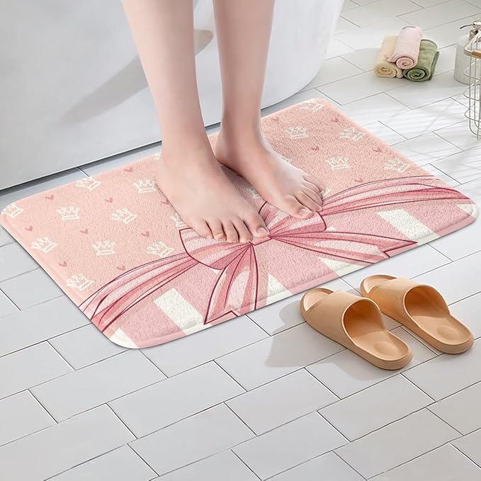 Pink Bowknot Kids Bath Mats,Cartoon Crown Love Heart Princess Mats Rugs for Girls,Geometric Stripe Bow Tie Patchwork Bath Carpets,Dreamy Chic Bath Rugs,Absorbent Floor Mats,20Wx32L Inches
