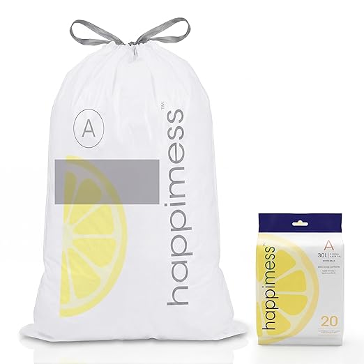 happimess 8 Gallon (30L) Drawstring Trash Bags, Lemon Scent, White, Heavy Duty MDPE Liners for Kitchen and Household, Odor Control, Custom Fit 20 Count (1 Packs of 20 Liners) HPM3100A-W-1SET