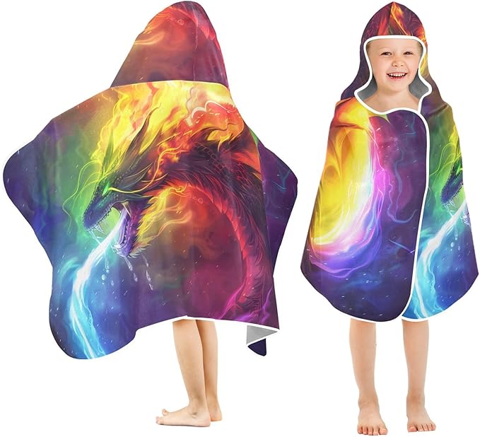 SUABO Kids' Bath Towels Fire Dragon Rainbow Hooded Towels for Boys Girls,Toddler Towels Multi-Purpose for Beach,Pool and Bathroom,23.5" x 50", Soft and Highly Absorbent