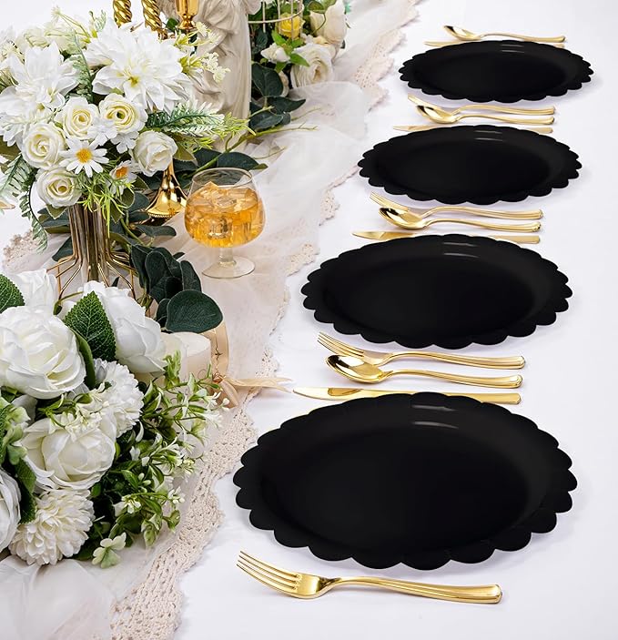 HEIPINIUYE 25 Pieces Black Paper Plates 7 Inch Black Scalloped Plates Disposable Dinner Plate for Wedding Baby Shower Birthday Halloween Party Dessert Plate