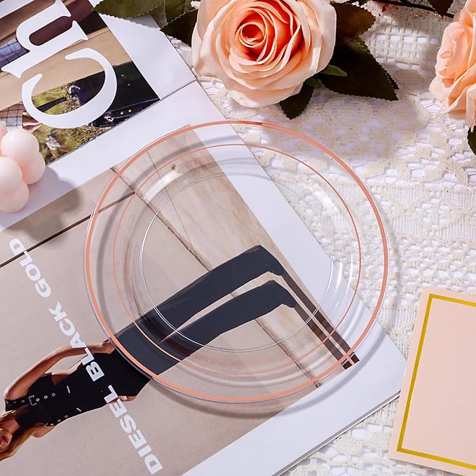 bUCLA 100PCS Clear Rose Gold Plastic Plates Disposable - Heavy Duty 6.25 Inch Clear Plastic Dessert Plates with Rose Gold Trim - Ideal for Party & Wedding