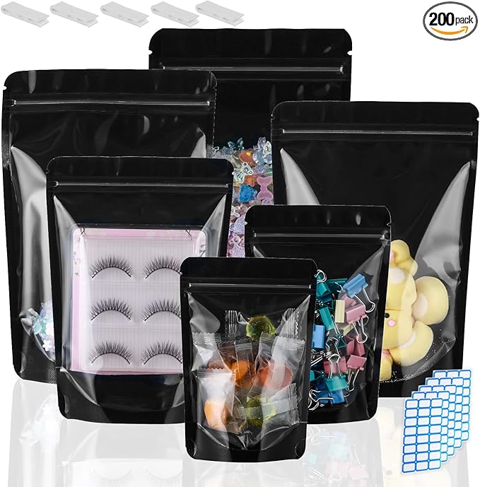 4X6 Resealable Bags 200 Pcs Mylar Bags for Food Storage Candy Packaging Black Mylar Bags with Window Reclosable Small Stand Up Pouches Edible Packaging for Small Business