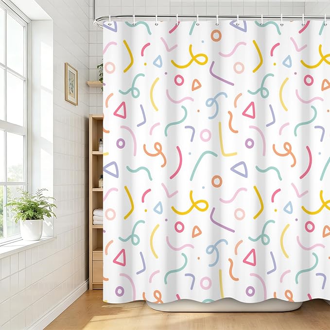 Cute Colorful Doodle Shower Curtains Playful Confetti Shower Curtain Decorative for Bathroom Pastel Waterproof Fabric Bathroom Decorations with Hooks 72x72 Inches