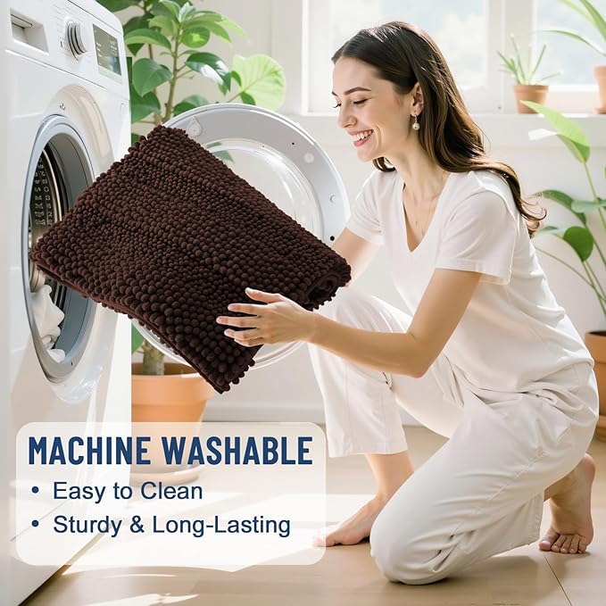 Grandaily Chenille Striped Bathroom Rugs 47x17, Extra Thick and Soft Absorbent Bath Mats, Rubber Backing, Plush Shaggy Shower Carpet, Machine Wash Dry, Bath Rug for Bathroom, Dark Brown