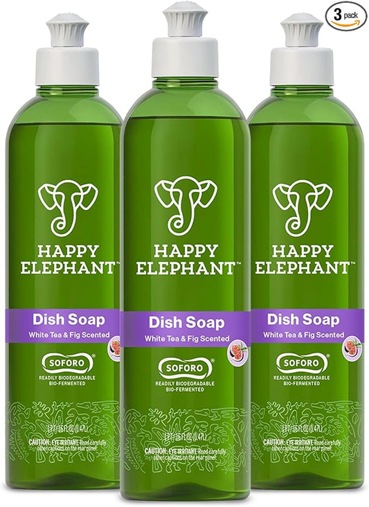 Happy Elephant Dish Soap, White Tea & Fig Scent, Natural Biodegradable Liquid Dish Soap, Plant Based, Grease Fighting, Tough on Food, Gentle on Hands, No Synthetic Fragrance, 12 Fl Oz, 3 Pack