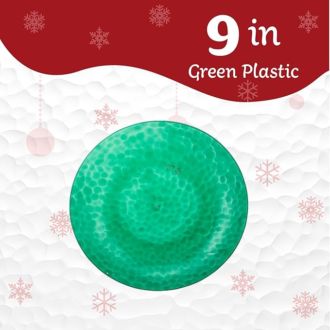 PLASTICPRO 30 Pack Hammered Plastic Plates Heavyweight Disposable Plastic Plates Elegant Transparent Green Platsic Party Dishes (Hammered green Christmass, 9'' INCH PLATES)