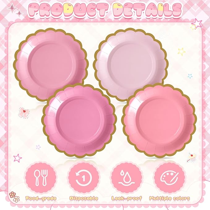 48 Pcs Valentine's Day Pink Paper Plates 7 Inch Gradient Pink Scalloped Disposable Dessert Plate for Women Coquette Bridal Wedding Birthday Galentine's Baby Shower Party Supplies