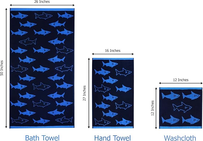 ORIGINAL KIDS 6 Piece Towel Set - Bath Time Shark Attack- 2 Bath Towels, 2 Hand Towels, 2 Washcloths - 100% Cotton Jacquard Soft Absorbent Quick Dry Pool Beach Towel Gift - Navy Blue