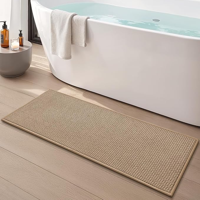Bathroom Rugs Non Slip Washable, Super Absorbent Thin Bath Mat for Small Quick Dry Low Pile Bathroom Rug, (Khaki, 47″x20″)