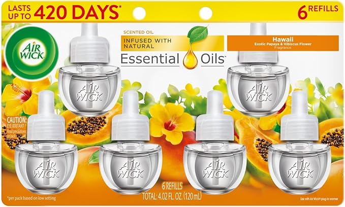 Air Wick Plug-In Scented Oil Air Freshener Warmer Refills, Hawaii Exotic Papaya and Hibiscus Flower, 6 Count