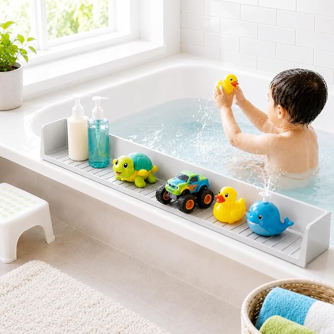 Bathtub Splash Guard for Kids, Silicone Tub Edge Guard & Splash Barrier with Strong Suction Cups, Bath Toy Shelf & Tray Holder, Prevent Water Spills on Bathroom Floor, Extra Long Tub Ledge Shelf