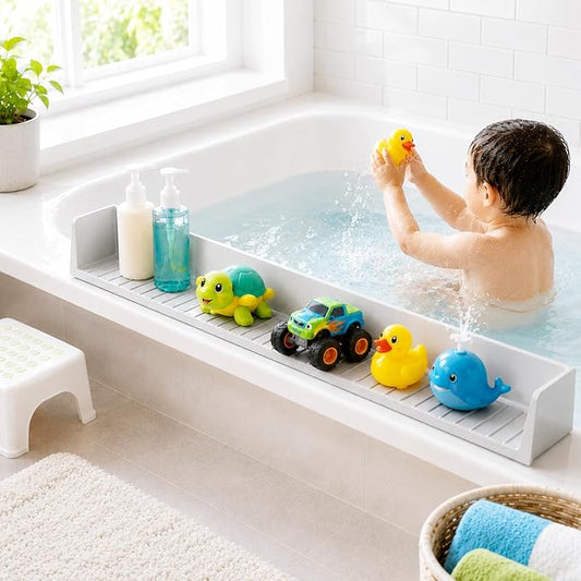 Bathtub Splash Guard for Kids, Silicone Tub Edge Guard & Splash Barrier with Strong Suction Cups, Bath Toy Shelf & Tray Holder, Prevent Water Spills on Bathroom Floor, Extra Long Tub Ledge Shelf