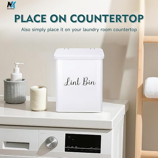 Magnetic Lint Bin for Laundry Room, Wall Mounted Metal Lint Box Holder Trash Can with Lid for Dryer, Lint Basket for Laundry Room Organization,Dryer Trash Can with Soft Lint Brush and Hooks