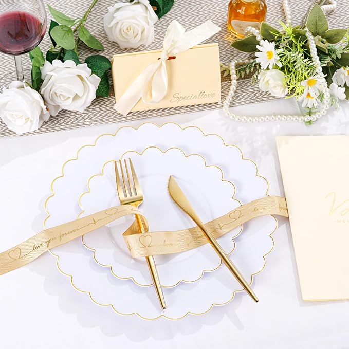 LIYH 60 Pcs Gold White Plastic Plates Scalloped Disposable Combo Includes 30 Dessert & 30 Dinner Plates for Monthers Day Birthday Wedding Party