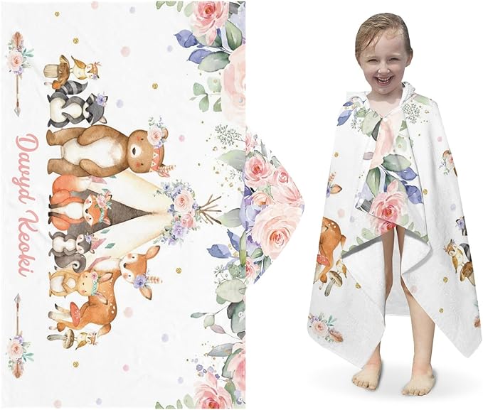 Animals Safari Floral Personalized Kids Hooded Towel with Name Soft Absorbent Beach Pool Bath Towels Hood Poncho for Boys Girls