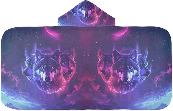 Hooded Towel for Kids Neon Wolves with Sharp Eyes Beach Wrap Bath Towels 50x23.5in