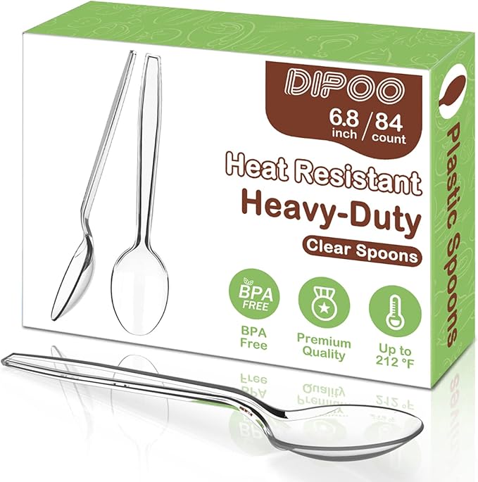 Dipoo 6.8" Clear Plastic Spoons Heavy Duty with Heat Resistant & BPA Free, Solid and Durable Plastic Cutlery, Premium Disposable Spoons for Party Supply(84 Count)