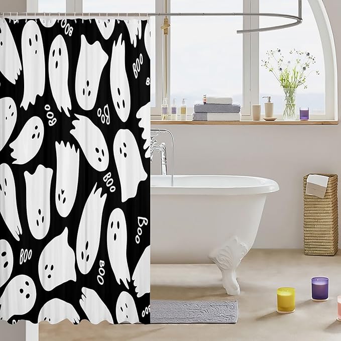 Cartoon Halloween Ghost Shower Curtains,Black White Bath Curtain,Kids Cartoon Style Bathroom Decor Set with 12 Hooks for Bathtub,72" Long