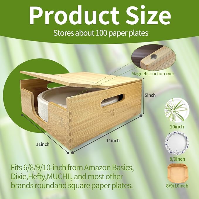 EBIGIC Bamboo Paper Plate Storage,Paper Plate Holders and Dispenser,fit for Kitchen Wall, Countertop and Under Cabinet 8-10in Plates