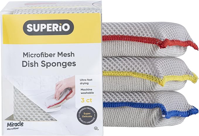 Microfiber Dish Sponge – Non-Scratch Kitchen Scrubber, Heavy-Duty Household Cleaning Tool, Multi-Purpose Cleaning Supplies, Pack of 3