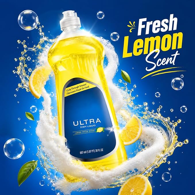 Liquid Dish Soap Lemon Fresh Scent, Large 30 fl oz Dishwashing Liquid with Easy Pour Bottle for Everyday Kitchen Cleaning Use