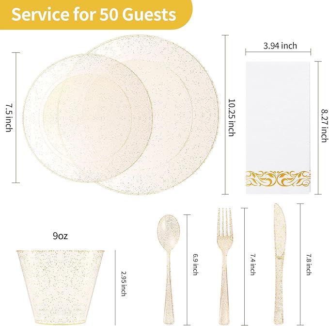 Goodluck 350 Pieces Dinnerware Set for 50 Guests, Plastic Plates Disposable for Party, Include: 100 Gold Glitter Plastic Plates, 50 Paper Napkins, 50 Cups, 50 Gold Glitter Plastic Silverware Set