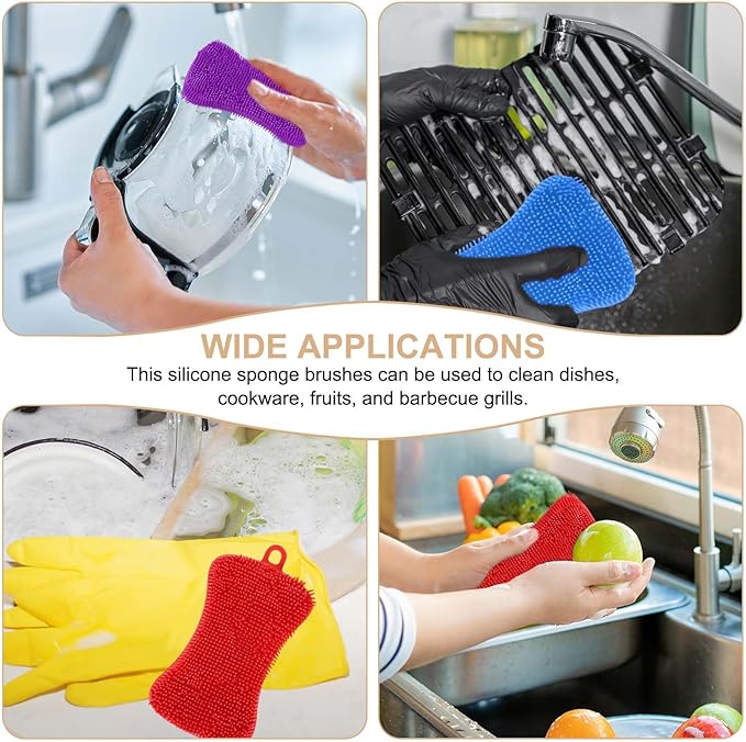 uxcell Silicone Dish Scrubber, 6 Pack Reusable Dishes Sponges Silicone Sponges Double Design for Kitchen Bathroom Cleaning Gadgets Accessories Countertop Cookware Pots Pans, Purple