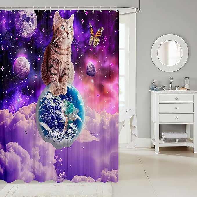 Little Cat Shower Curtain Cute Kitten Shower Curtain Set Galaxy Starry Sky Bath Curtain Universe Planet Star Purple Nebula Cosmic Outer Space Lovely Pet Animal Themed Bathroom Decor 72"Wx72"L