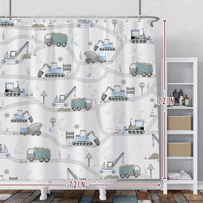 Excavator Kids Shower Curtain Sets Cartoon Construction Truck Tractor Car Bathroom Decor Fabric Polyester Waterproof 72x72 Inches with 12 Hooks for Boys Machinery Vehicle Bath Curtains