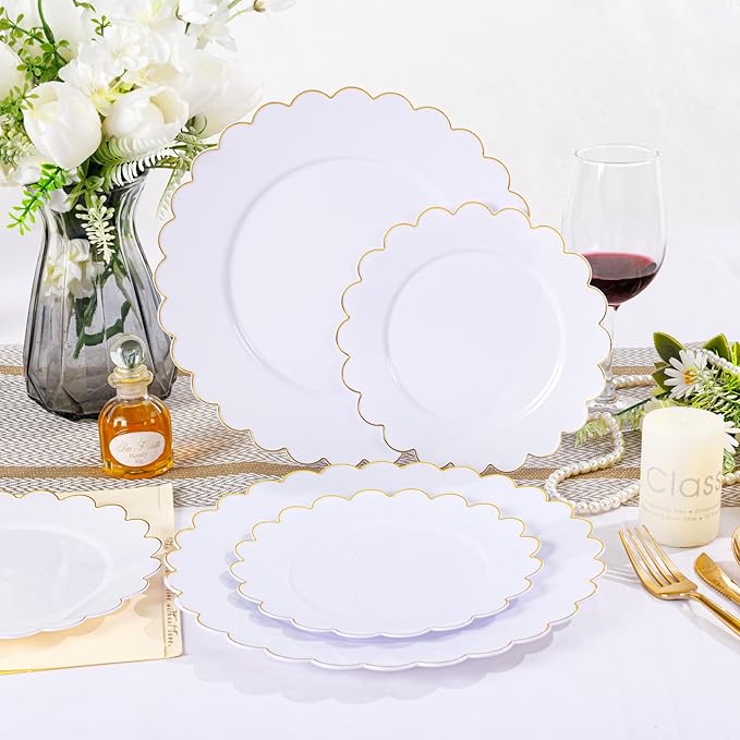 LIYH 60 Pcs Gold White Plastic Plates Scalloped Disposable Combo Includes 30 Dessert & 30 Dinner Plates for Monthers Day Birthday Wedding Party