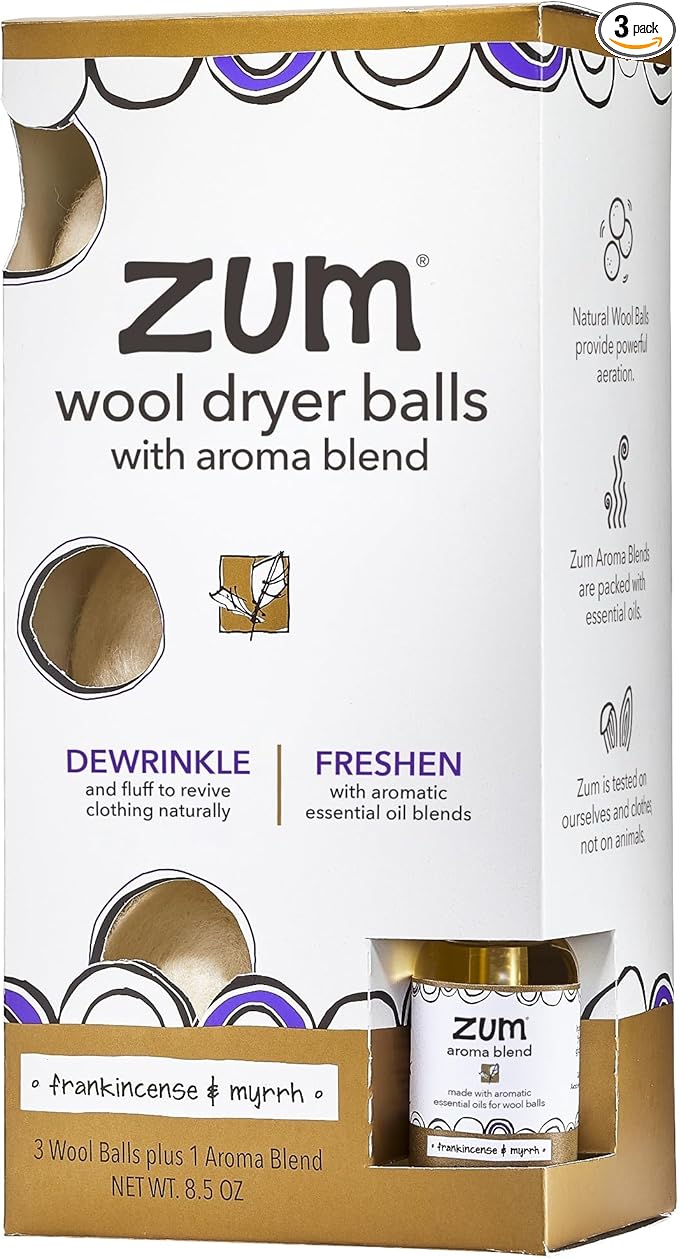 Zum Indigo Wild Laundry Dryer Balls Kit - Wool Laundry Balls for The Dryer - Essential Oil Spray - Reusable Drying Balls for Laundry - Frankincense & Myrrh - (3 Dryer Balls, 1 Aroma Blend)