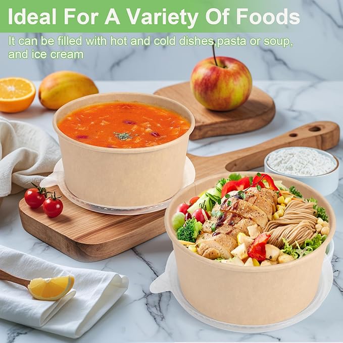 50 Pcs 32 Oz disposable meal prep containers，paper bowls with lids，disposable soup bowls，soup bowls disposable hot/cold，disposable salad bowls with lids，