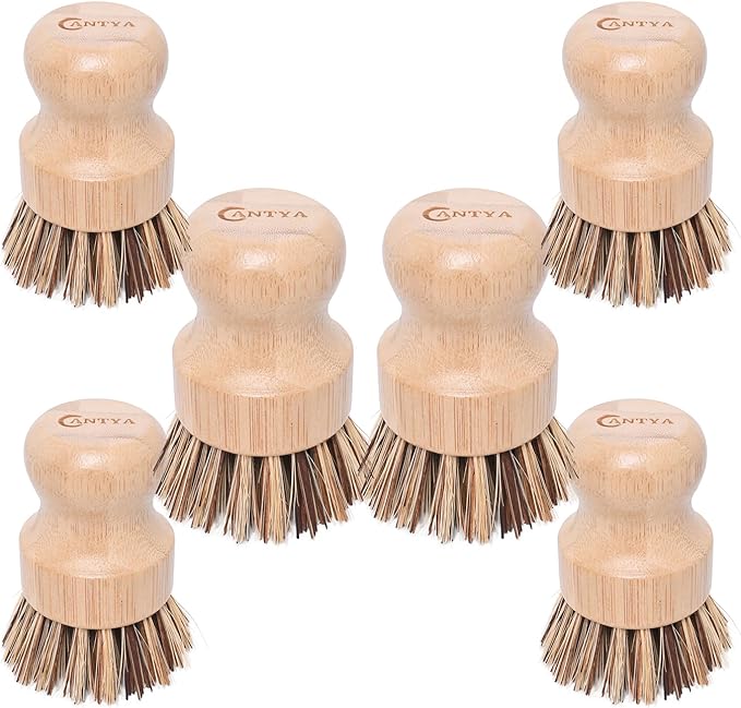 6 Packs Bamboo Dish Brush - Hard Bristle, Eco Friendly Dish Scrubber Union Fiber and Tampico Fiber Bamboo Wok Brush for Washing Cast Iron Pan/Pot