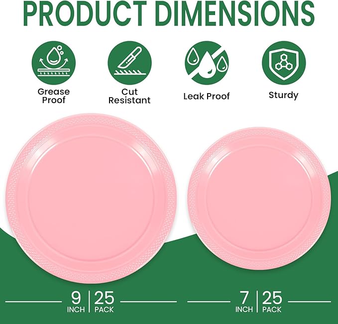 LANLISA 50 Pcs Pink Plastic Plates For Party, 25-9" & 25-7" Disposable Cake Dessert Plates For Birthday, Valentines Day, Baby Shower, Easter, Mothers Day Dinner