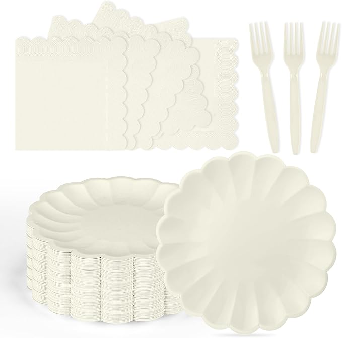 75 Pcs Ivory Paper Plates and Napkins Disposable Tableware Set Include Cream Scalloped Plates with Shell Edge, Napkins & Plastic Forks for Wedding Baby Shower Birthday Party, Serve for 25 Guests