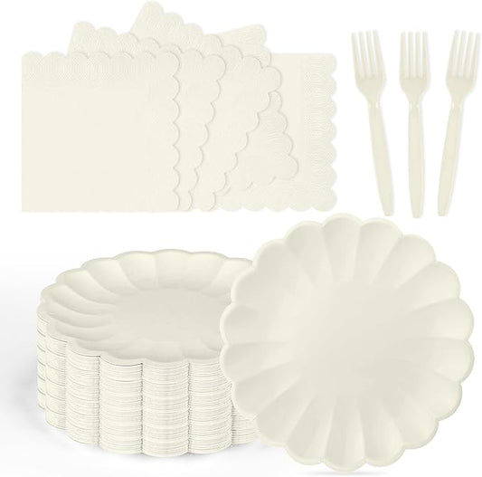 75 Pcs Ivory Paper Plates and Napkins Disposable Tableware Set Include Cream Scalloped Plates with Shell Edge, Napkins & Plastic Forks for Wedding Baby Shower Birthday Party, Serve for 25 Guests