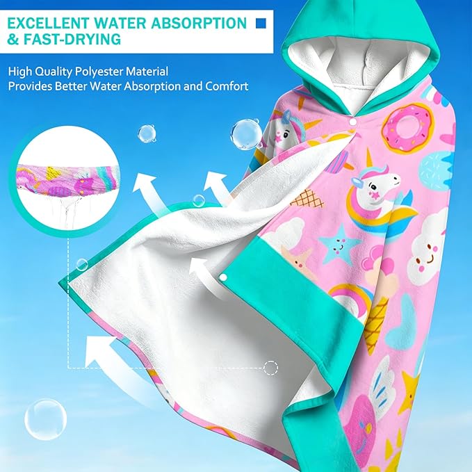 Hooded Towels for Kids - Superfine Fiber Unicorn Toddler Hood Bath Towels Beach Hooded Poncho Absorbent Pool Toddler Swim Bath Wrap for Boys & Girls 3-10 Years Beach Essentials, 60*35 inches