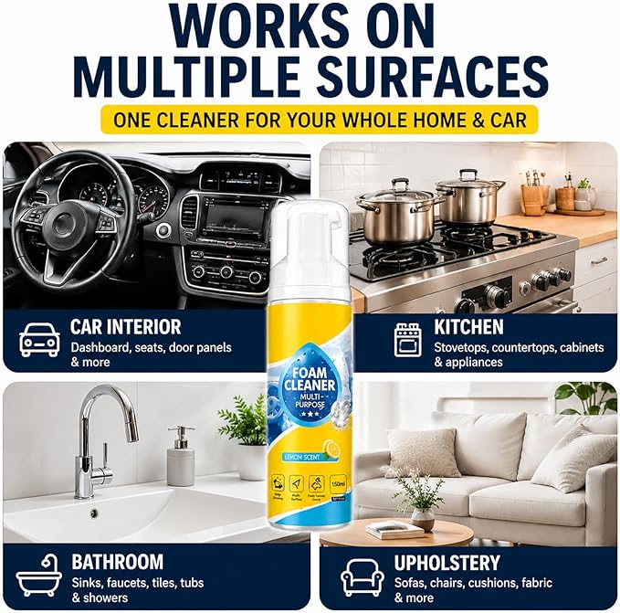 Multi-Enzyme Foam Cleaner Spray (5oz), Deep Cleaning No-Rinse Multi-Surface Foam for Car Interior, Sofa, Kitchen & Bathroom, Lemon Scent (2)