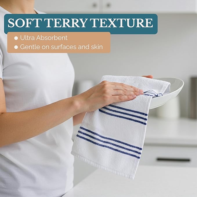 Casa Platino Kitchen Towel Set 8 Pc 4 Dish Cloths (13"x13") & 4 Kitchen Towels (16"x26") - Absorbent, Quick Dry, Soft, Durable Dish Rags With Hanging Loop for Wiping Surfaces & Drying Dishes - Blue.