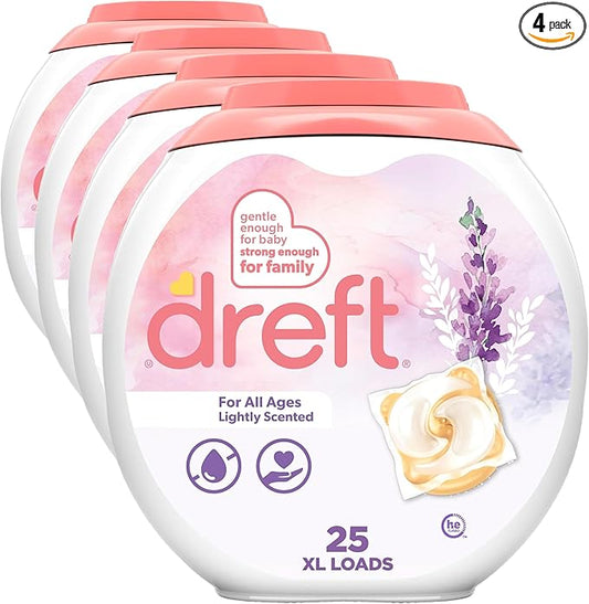 Dreft Laundry Detergent Pacs, Lightly Scented, Lavender, For Baby and Family, XL Pacs, 25 Count (Pack of 4)