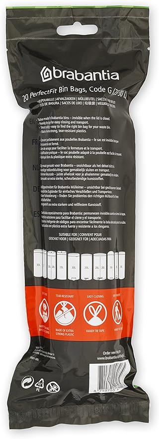 Brabantia PerfectFit Trash Bags (Size G/6-8 Gal) Thick Plastic Trash Can Liners with Drawstring Handles (120 Bags)