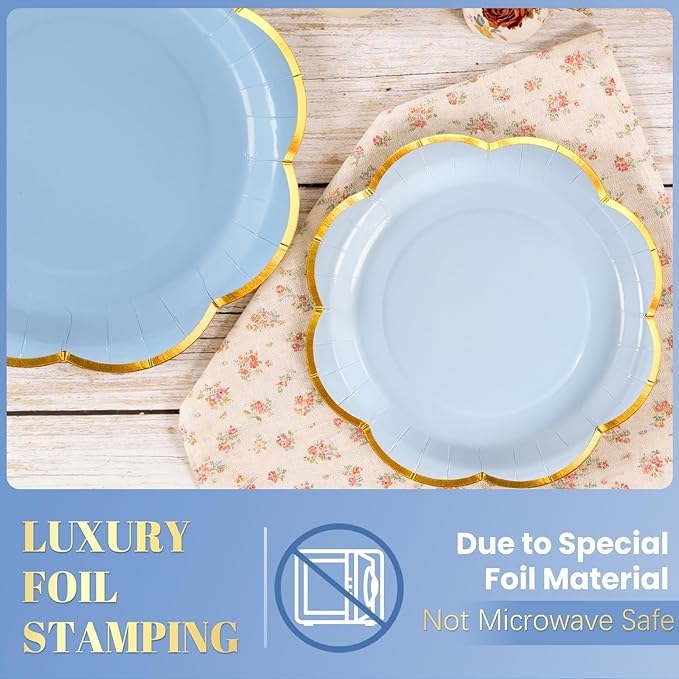 168Pcs Blue Paper Plates and Napkins Party Supplies, Scalloped Party Plates Cups Napkins Set, Light Blue Disposable Plates with Gold Rim for Graduation Party Birthday Baby Shower Gender Reveal Picnic