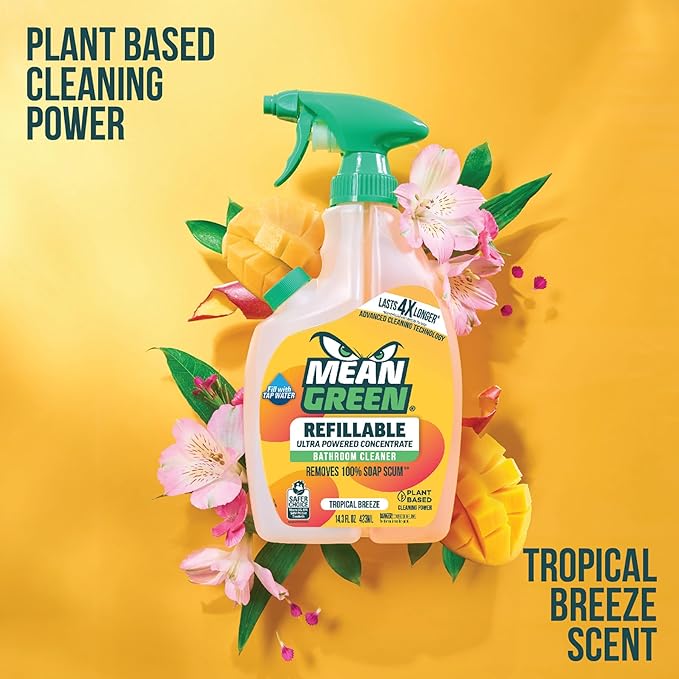 Mean Green Refillable Ultra Powered Bathroom Cleaner Concentrate, Tropical Breeze, 14.3 fl oz – Plant & Mineral Based, Removes 100% of Soap Scum, Refillable Bottle Makes 4X Refills