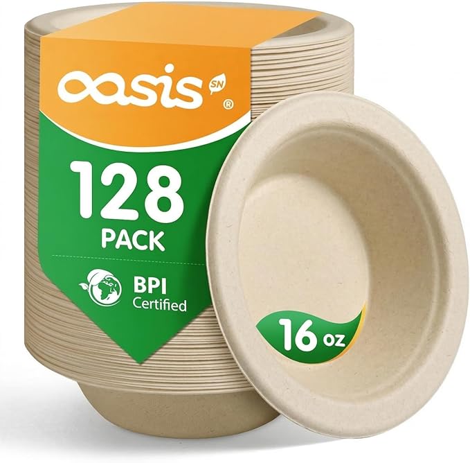 16 oz 128-Pack Compostable Paper Bowls, Disposable Salad & Soup Bowls, Heavy-Duty Bagasse Bowls for Pasta, Chili & Rice, Microwave & Freezer Safe, Eco-Friendly (Natural)