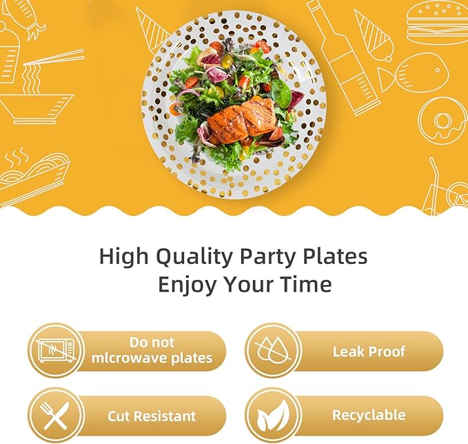Gold Dots Party Paper Plates, 50 PCS Disposable Party Supplies Dessert Paper Plates for Birthday,Wedding Birdal Christmas Baby Shower (7 inches)